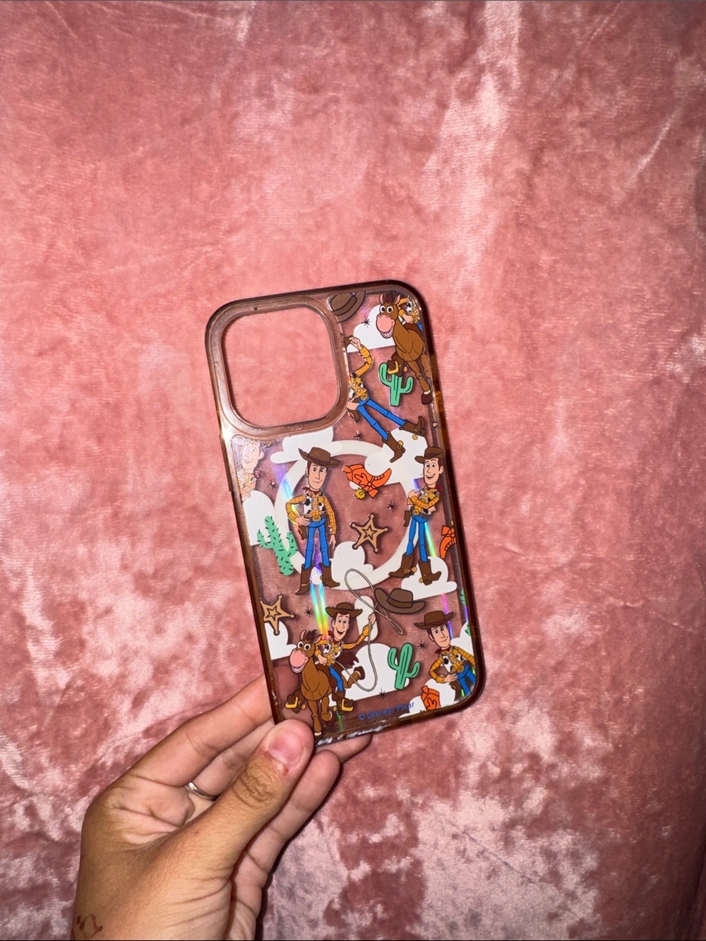 Disney Woody Pattern Brown iPhone Case with Colorful Accents 14 pro max